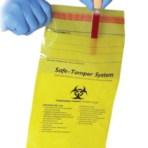 Bolsa Canguro con cierre adhesivo de seguridad. Tamper System con simbología Biohazard